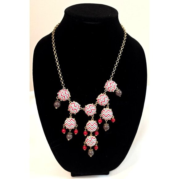 Chevron Statement Necklace With Red & Gray Beads Adjustable Gold-Tone Chain Bold - Picture 1 of 7